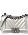 Metallic Caviar Chevron Quilted Small Boy Flap Silver
