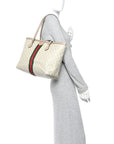 GG Supreme Monogram Textured Dollar Calfskin Web Medium Ophidia Shopping Tote Beige Mystic White Oatmeal