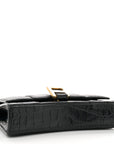 Shiny Calfskin Crocodile Embossed Hourglass Chain Bag Black