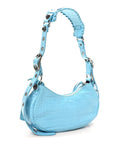 Extra Supple Calfskin Crocodile Embossed Le Cagole Shoulder Bag XS Sky Blue