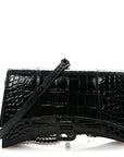Shiny Calfskin Monochrome Crocodile Embossed Small Hourglass Evening Chain Bag Black