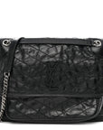 Crinkled Calfskin Matelasse Monogram Large Niki Chain Satchel Black