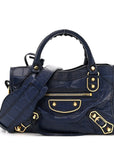 Calfskin Crocodile Embossed Gold Metallic Edge Hardware Mini City Bleu