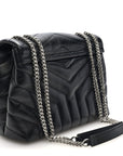 Calfskin Y Quilted Monogram Small Loulou Chain Satchel Black