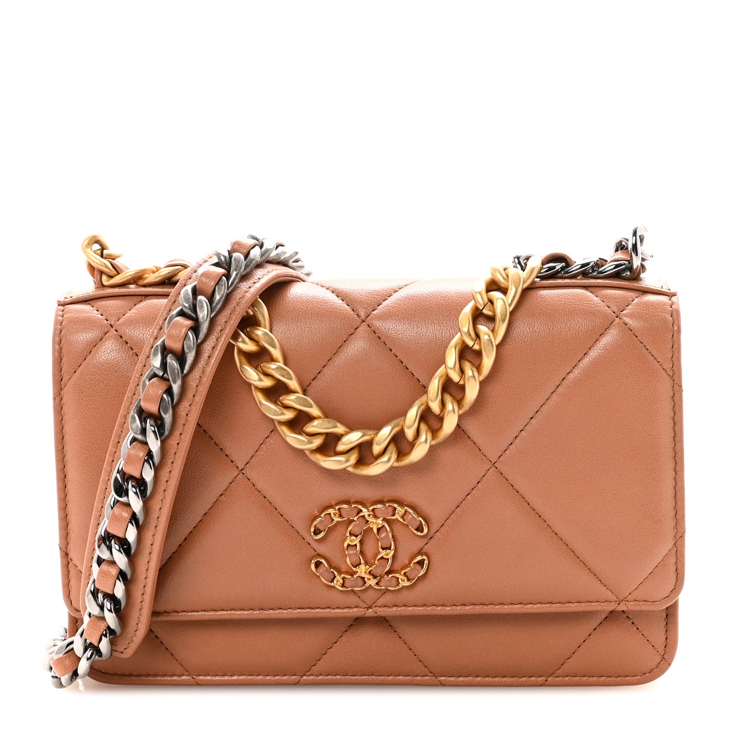 Lambskin Quilted CHNL 19 Wallet On Chain WOC Brown