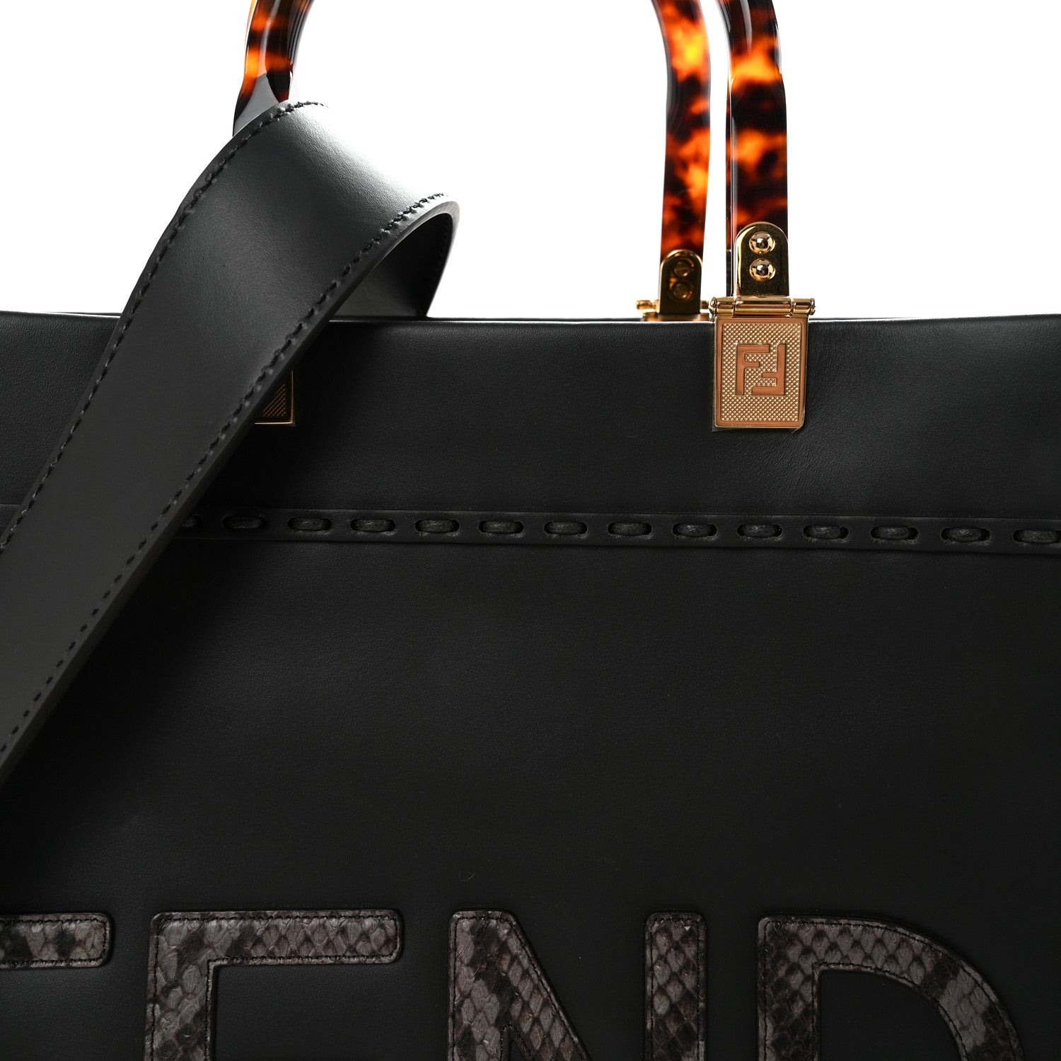 Vitello King Plexiglass Elaphe Snakeskin Print Logo Medium FNDI Sunshine Shopper Tote Dark Asphalt