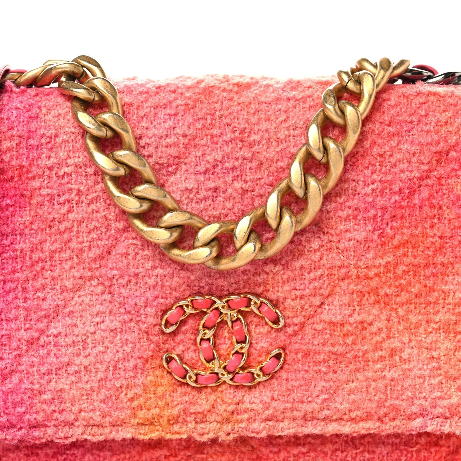 Wool Tweed Lambskin Quilted CHNL 19 Wallet On Chain WOC Coral Pink