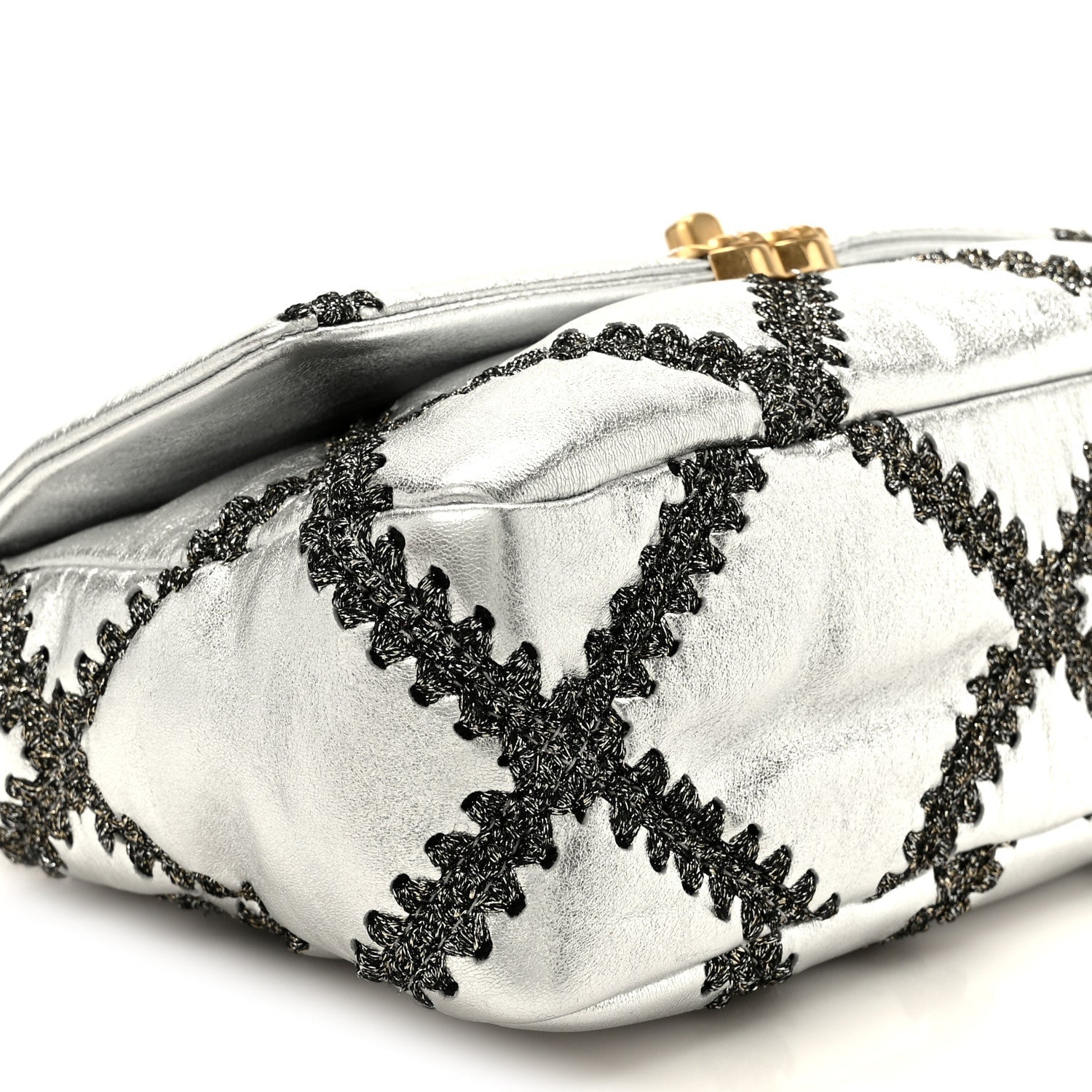 Metallic Calfskin Crochet Medium CHNL 19 Flap Silver