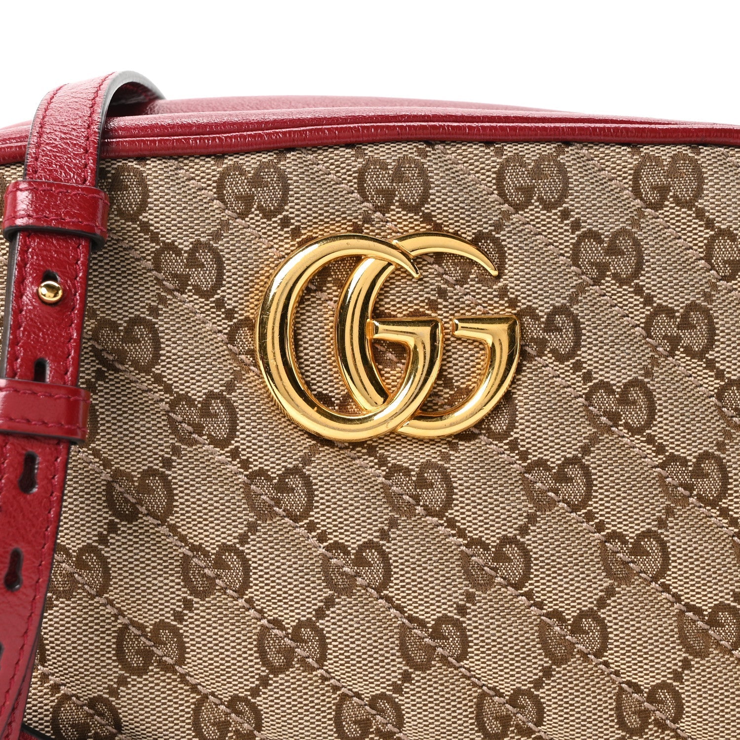 Monogram Azalea Calfskin Matelasse Diagonal Small GG Marmont Chain Shoulder Bag Beige Ebony New Cherry Red