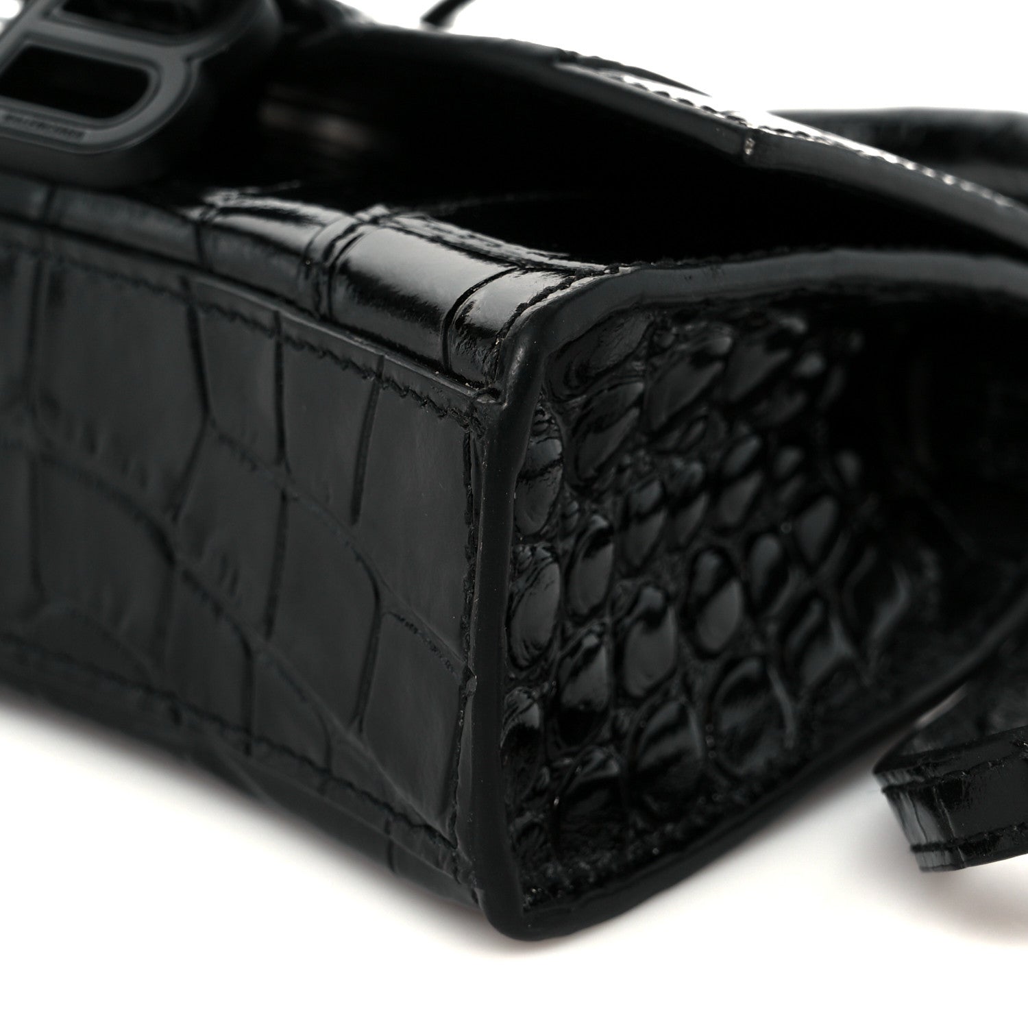 Shiny Calfskin Monochrome Crocodile Embossed Hourglass Top Handle Bag Mini Black