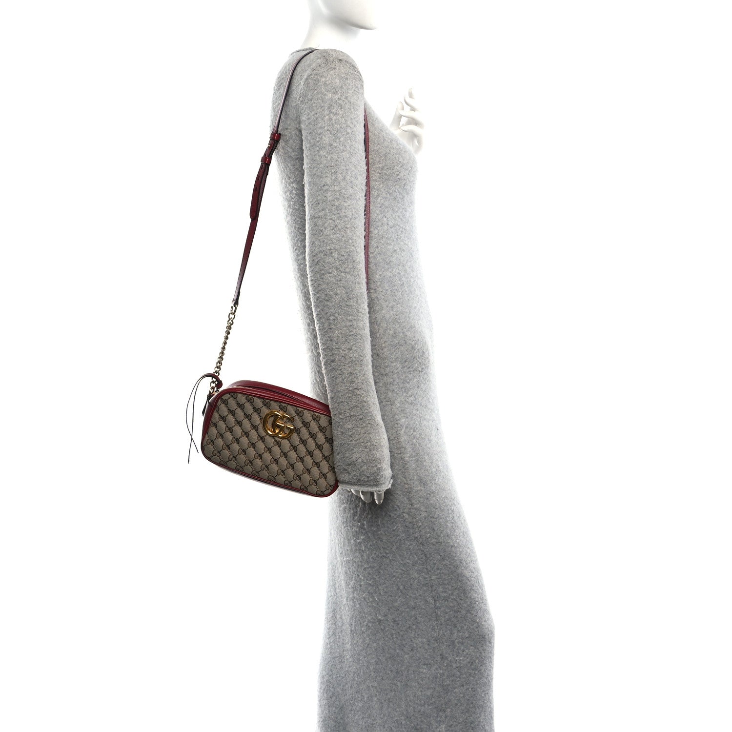 Monogram Azalea Calfskin Matelasse Diagonal Small GG Marmont Chain Shoulder Bag Beige Ebony New Cherry Red