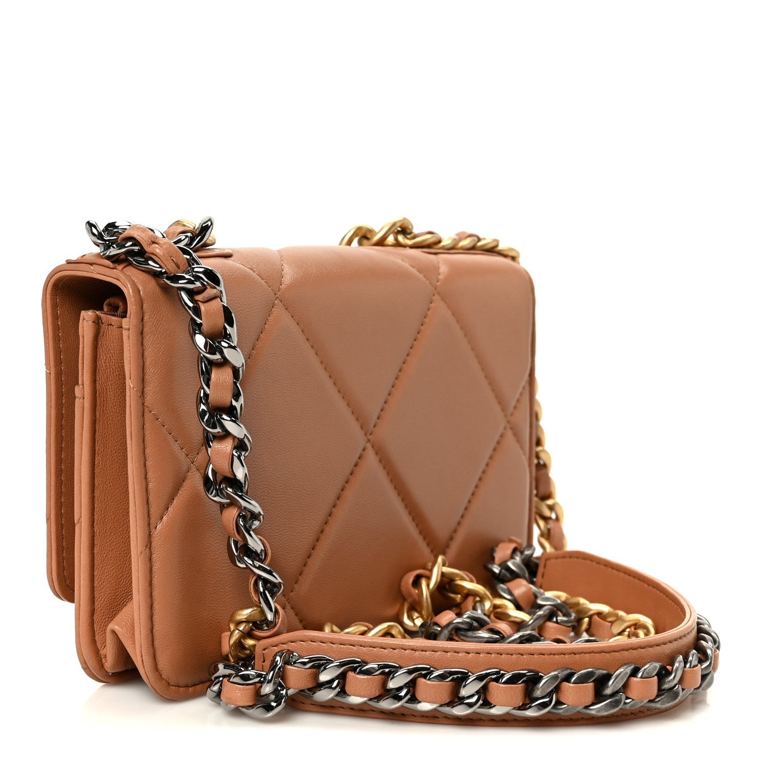 Lambskin Quilted CHNL 19 Wallet On Chain WOC Brown
