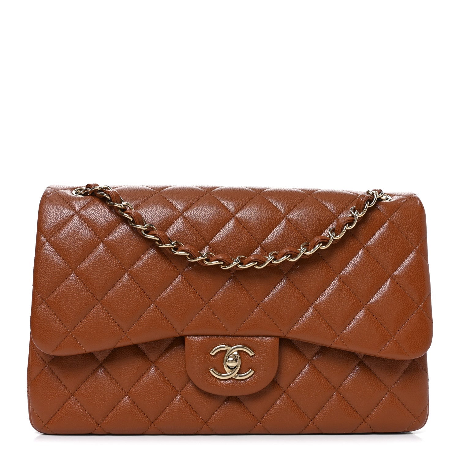 Caviar Quilted Jumbo Double Flap Light Brown
