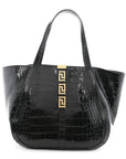Calfskin Crocodile Embossed Greca Goddess Tote Bag Black