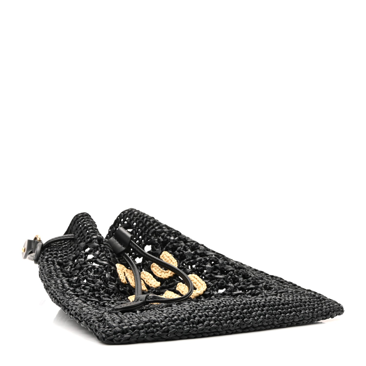 Raffia Crochet Drawstring Pouch Black Naturale