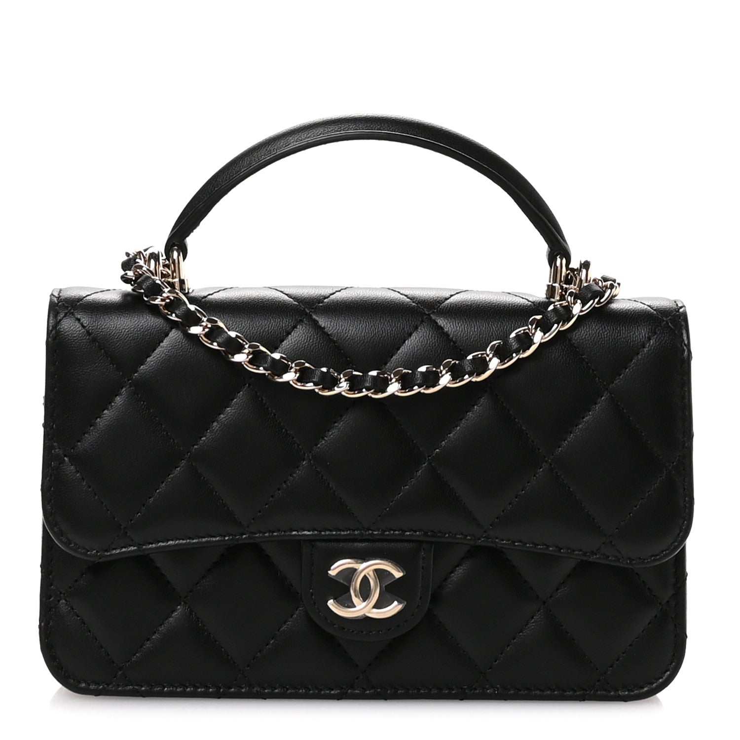 Lambskin Quilted Flap Phone Holder With Chain Black