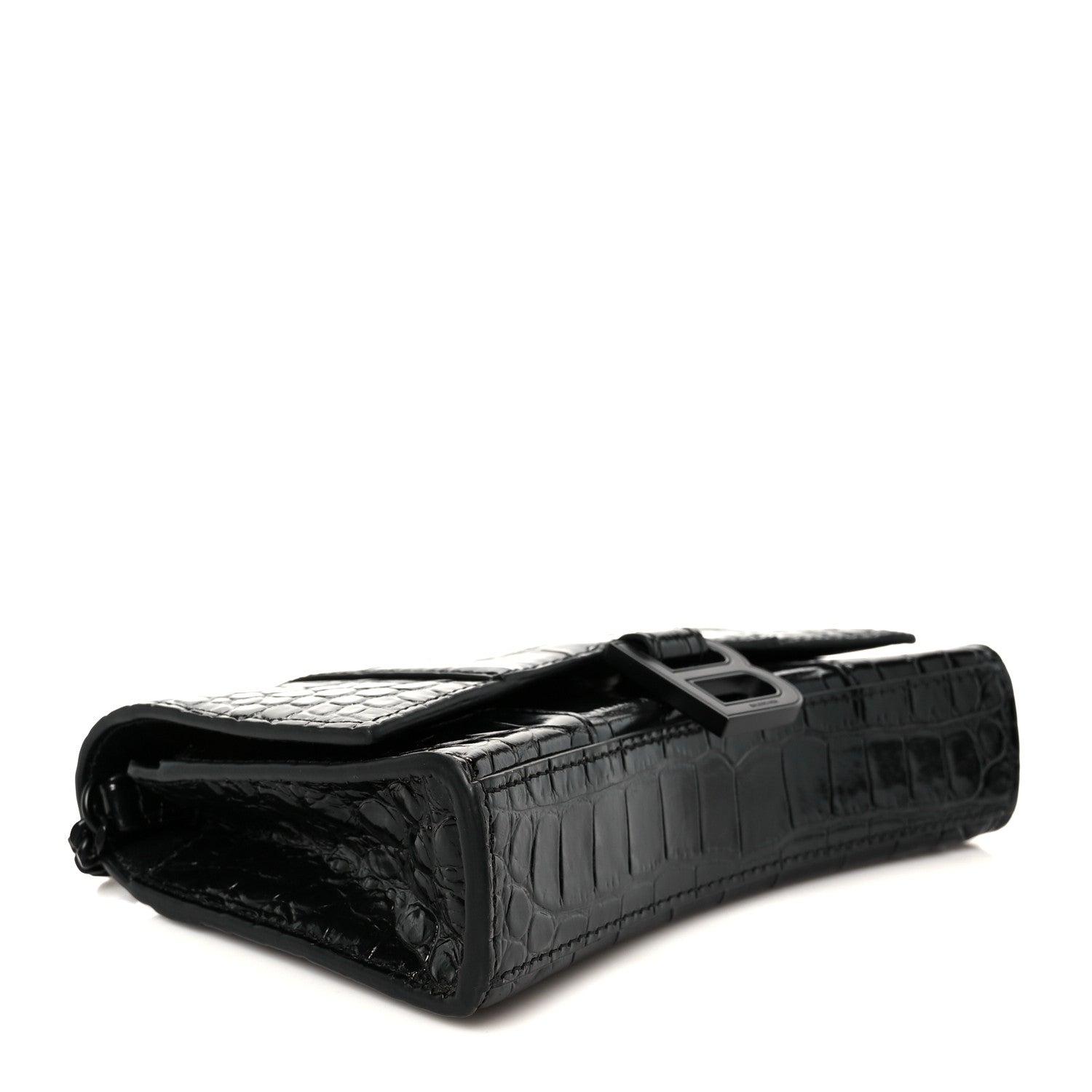 Shiny Calfskin Monochrome Crocodile Embossed Hourglass Chain Bag Black