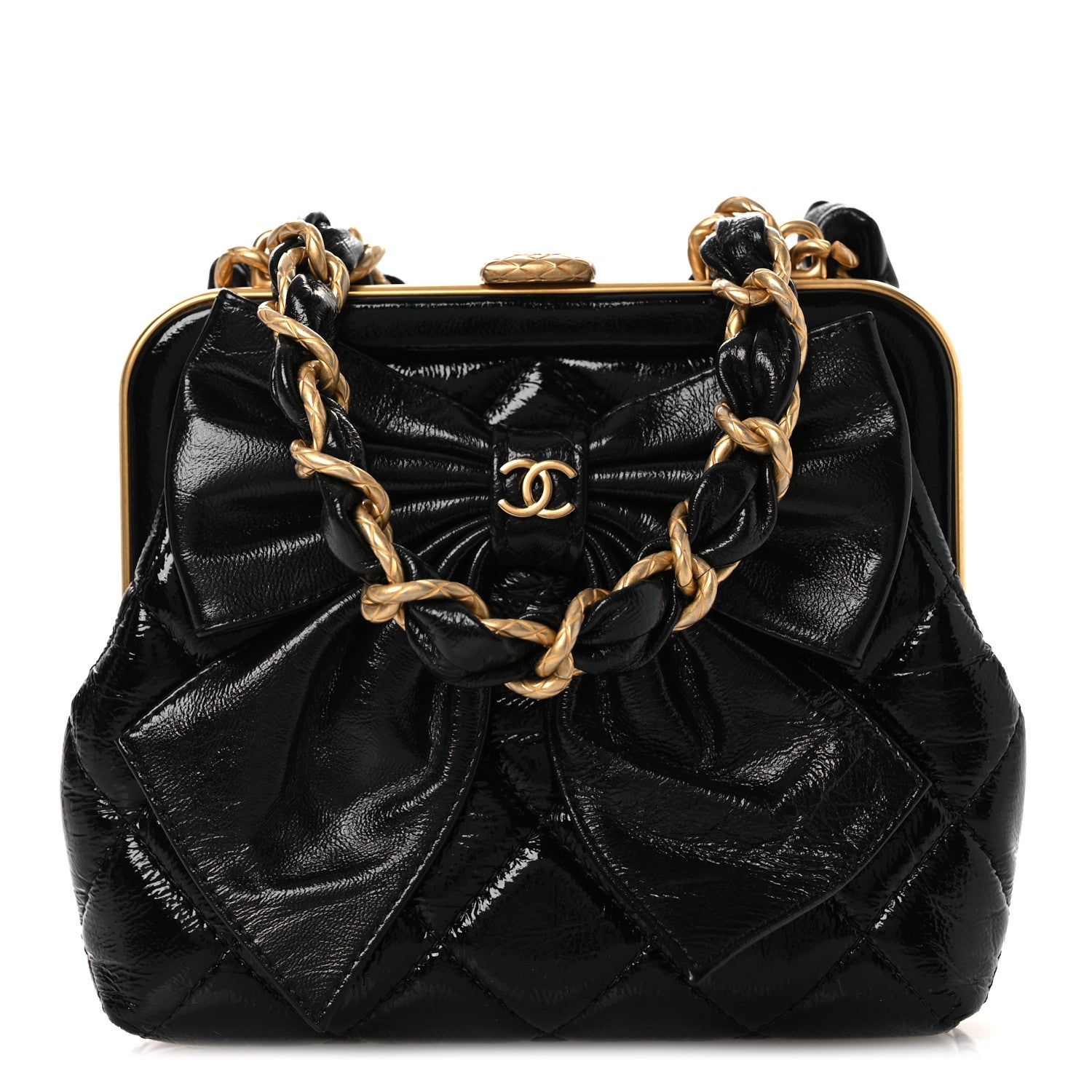 Patent Crumpled Lambskin Quilted Maxi Bow Clutch With Chain Black