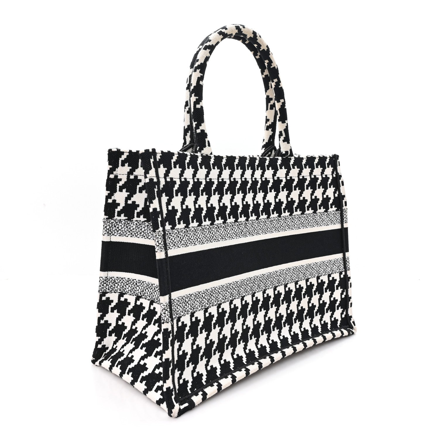 Canvas Macro Houndstooth Embroidered Medium Book Tote Black White