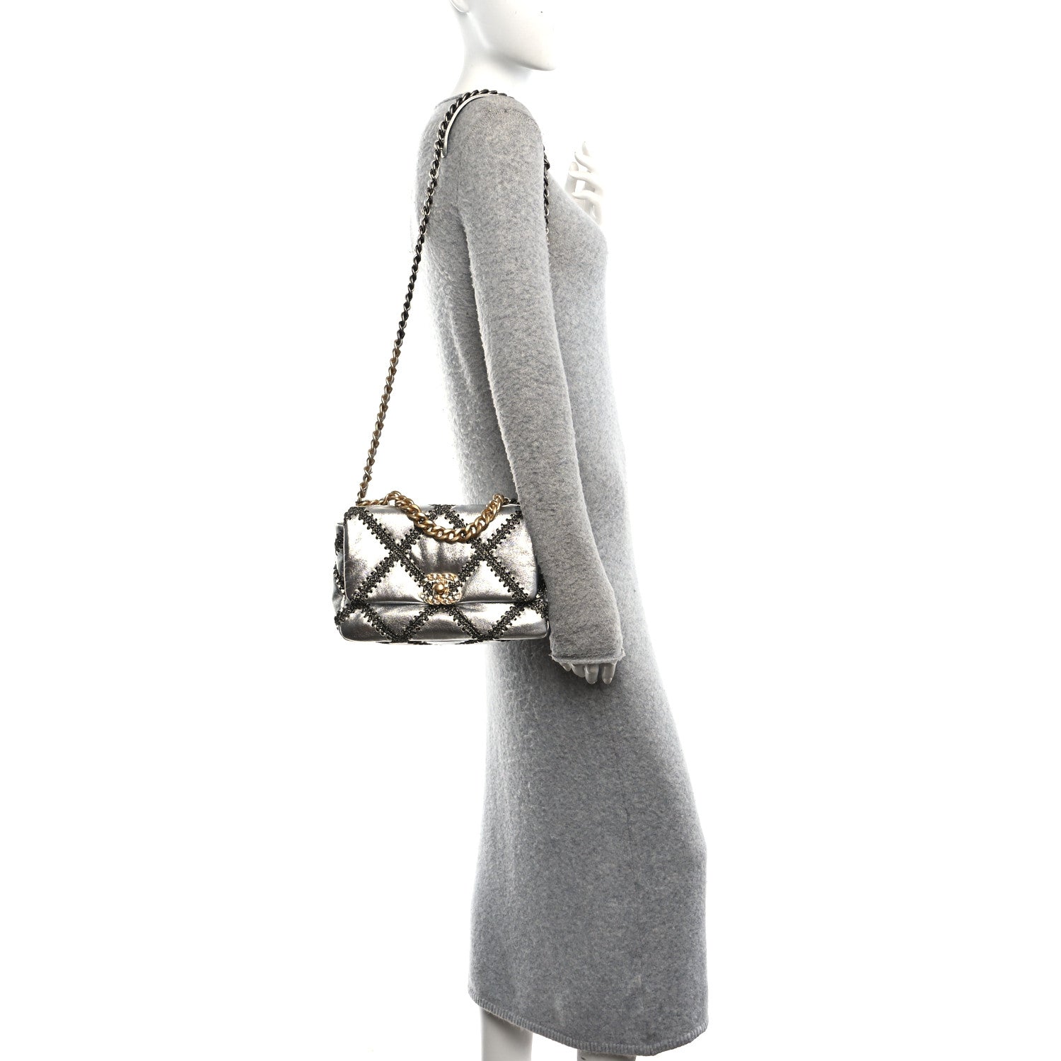 Metallic Calfskin Crochet Medium CHNL 19 Flap Silver