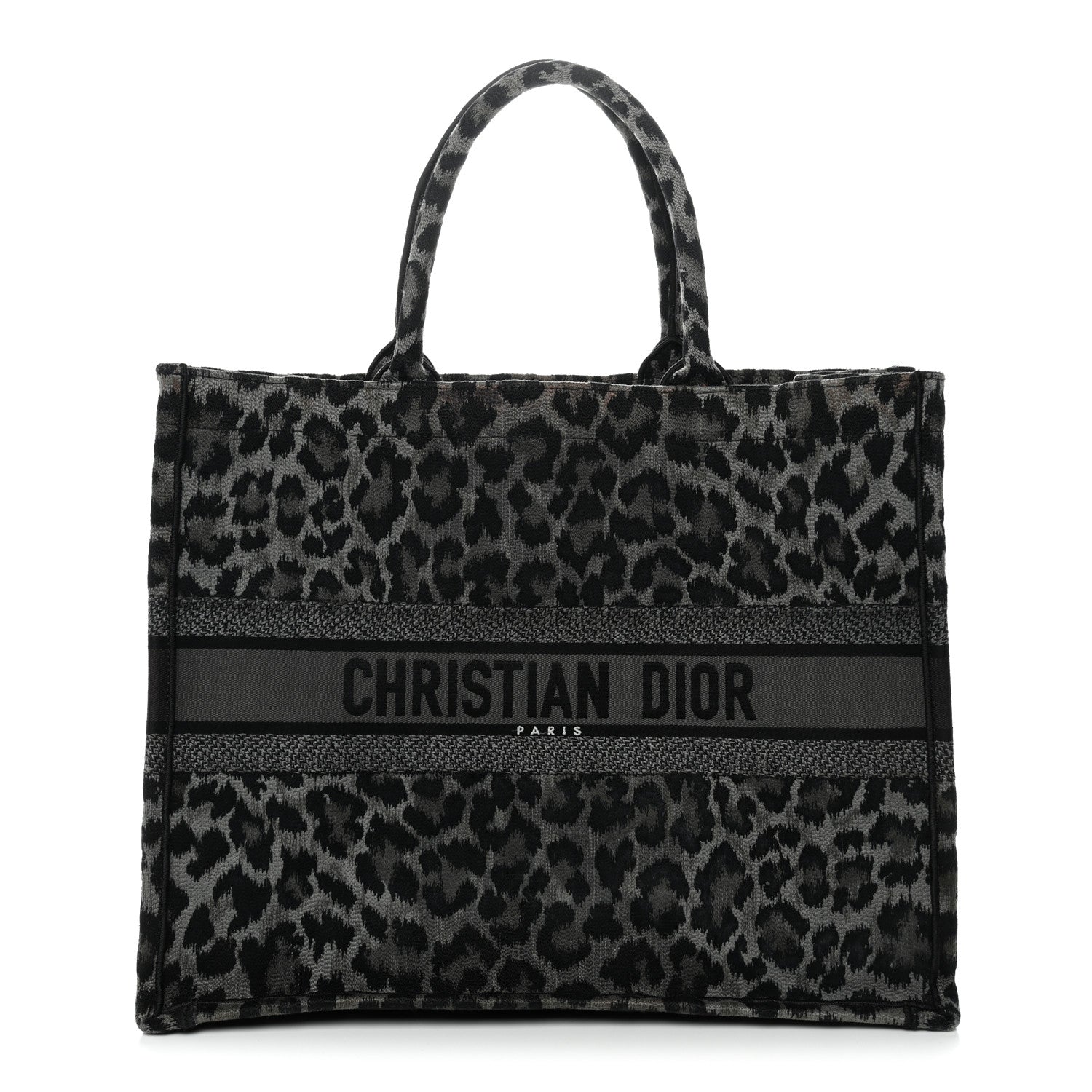 Canvas Mizza Embroidered Large Leopard Book Tote Grey