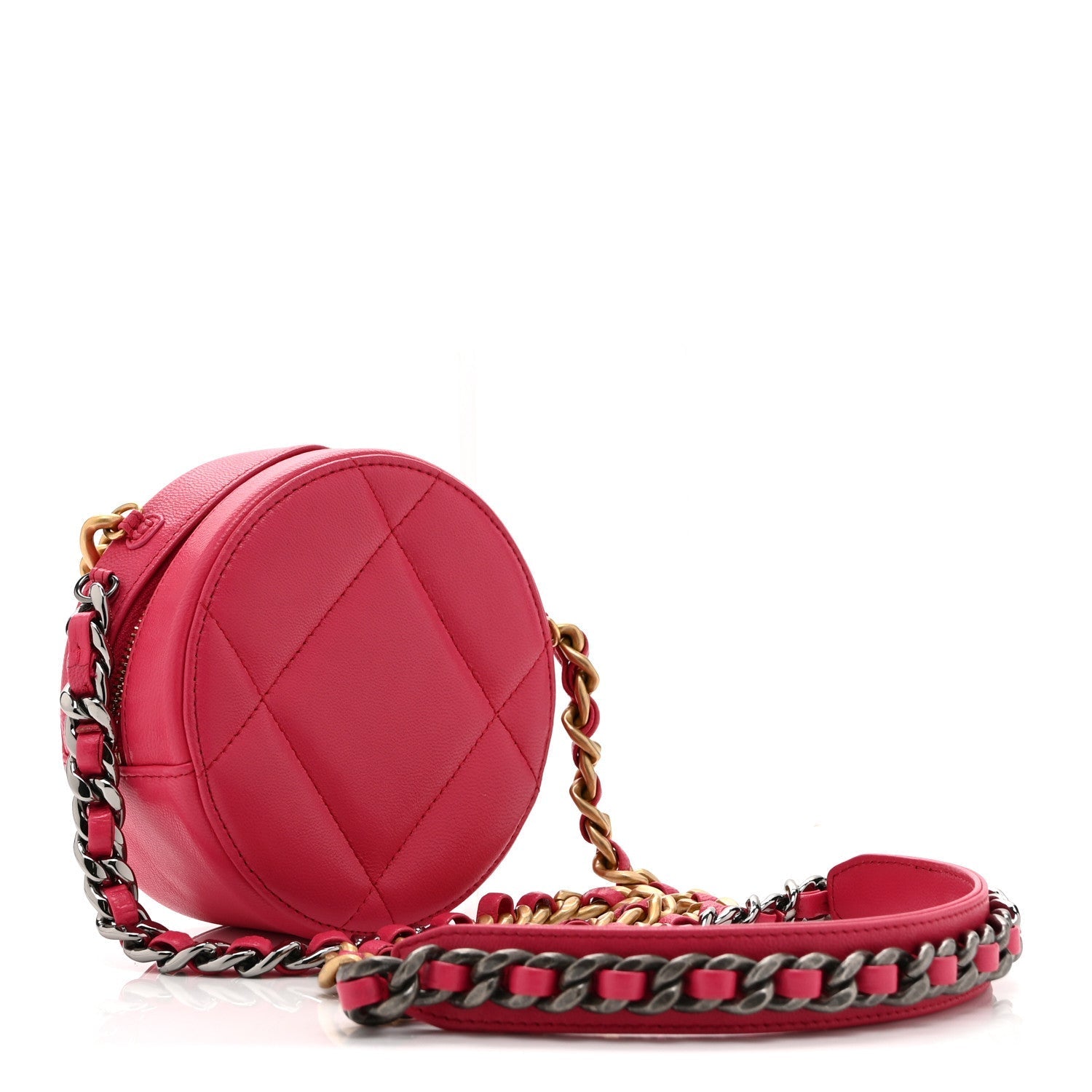 Lambskin Quilted CHNL 19 Round Clutch With Chain Pink
