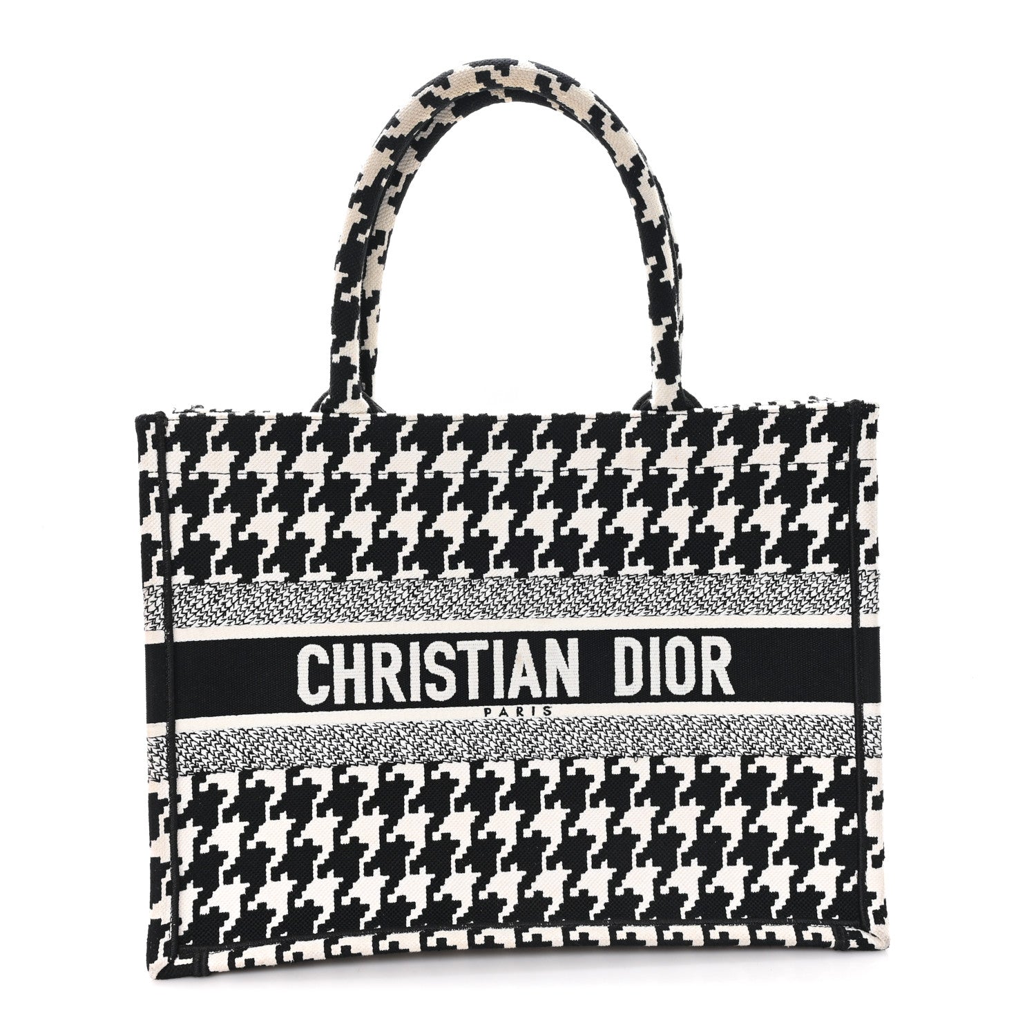 Canvas Macro Houndstooth Embroidered Medium Book Tote Black White