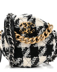 Wool Tweed Lambskin Quilted CHNL 19 Round Clutch With Chain and Coin Purse Black White