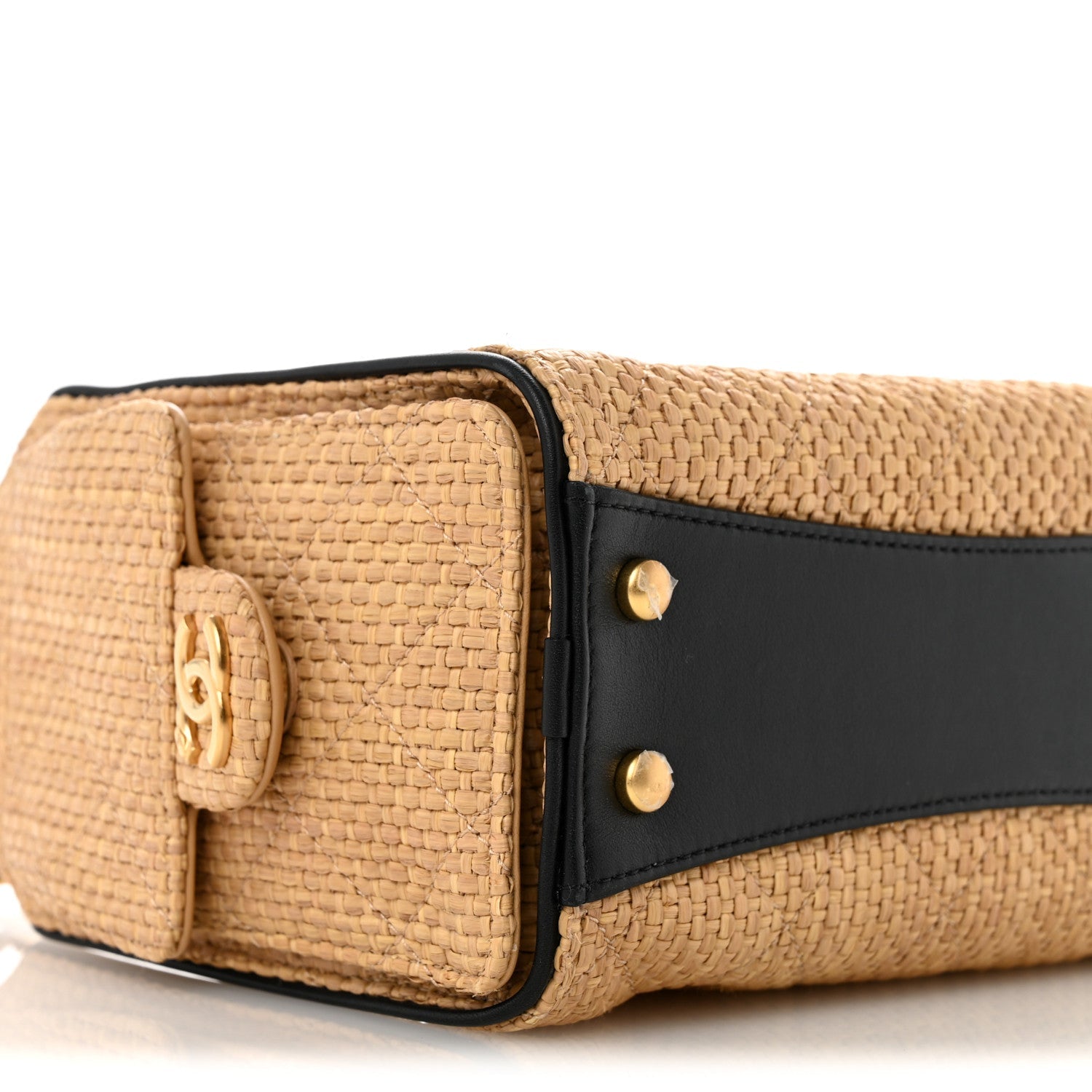 Braided Raffia Calfskin Quilted Mini CHNL 25 Handbag Beige Black
