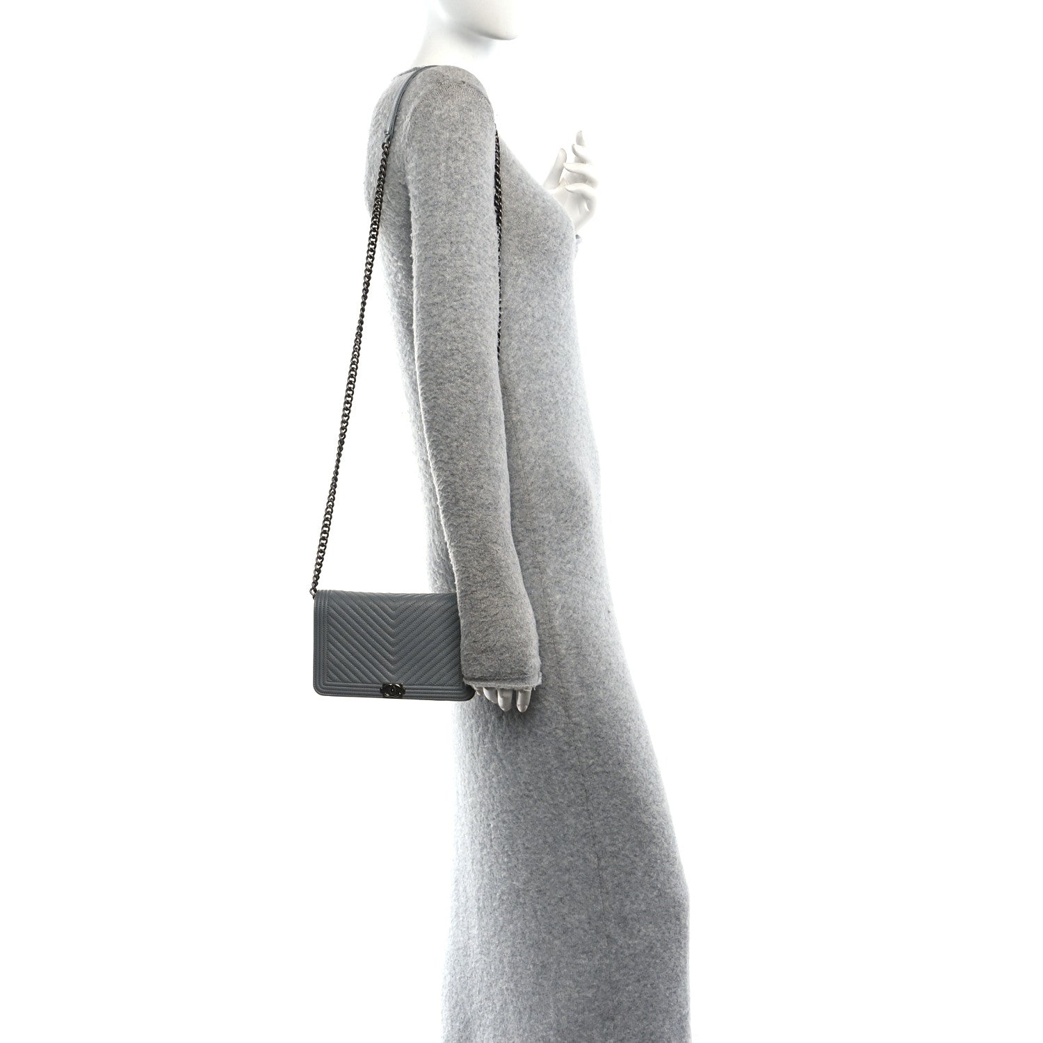 Caviar Chevron Quilted Boy Wallet On Chain WOC Grey