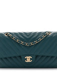 Caviar Chevron Quilted Medium Double Flap  Green