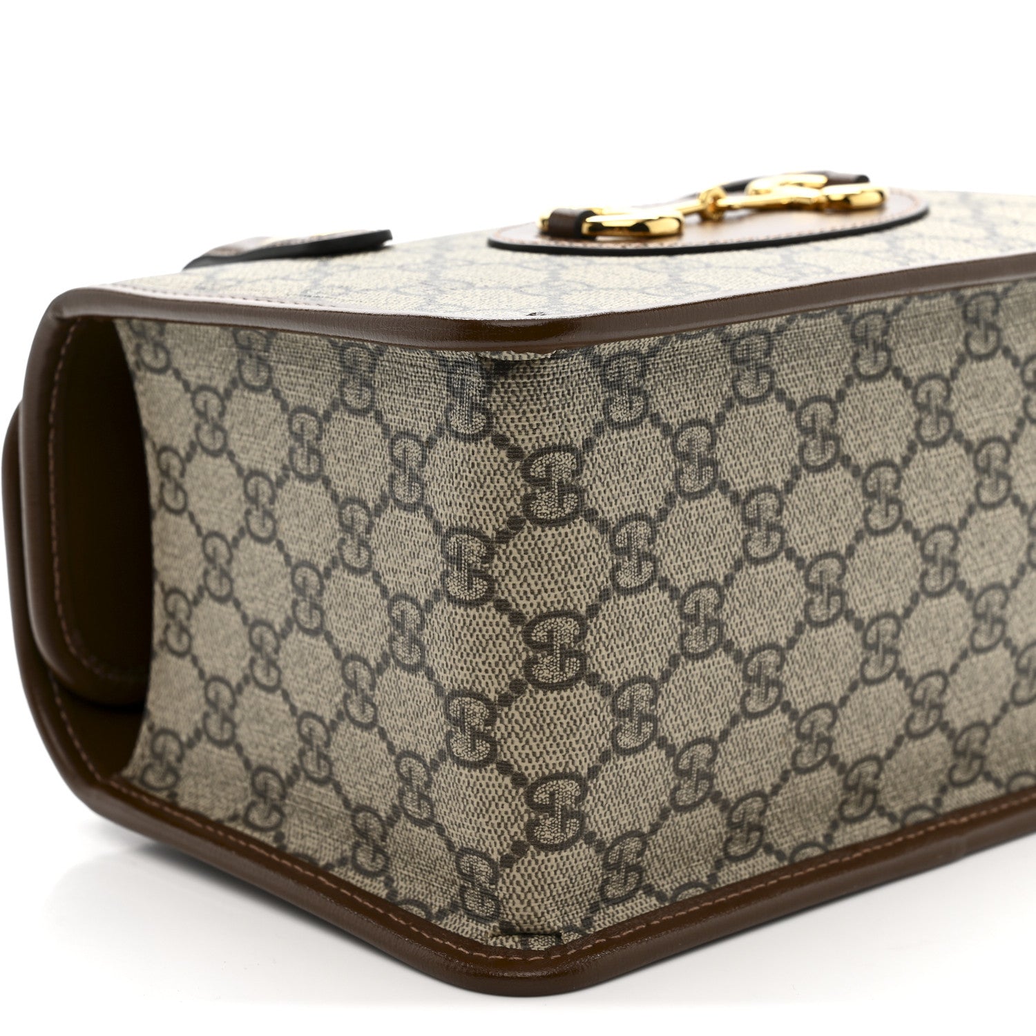GG Supreme Monogram Azalea Calfskin Mini Horsebit 1955 Foldover Top Handle Bag Beige Ebony Brown Sugar