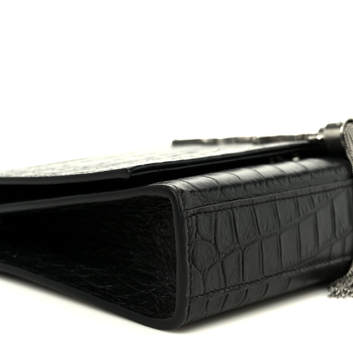 Calfskin Crocodile Embossed Medium Classic Monogram Kate Tassel Satchel Black