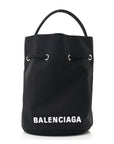 Recycled Sport Nylon Logo Embroidered Wheel Drawstring Bucket Bag Black White