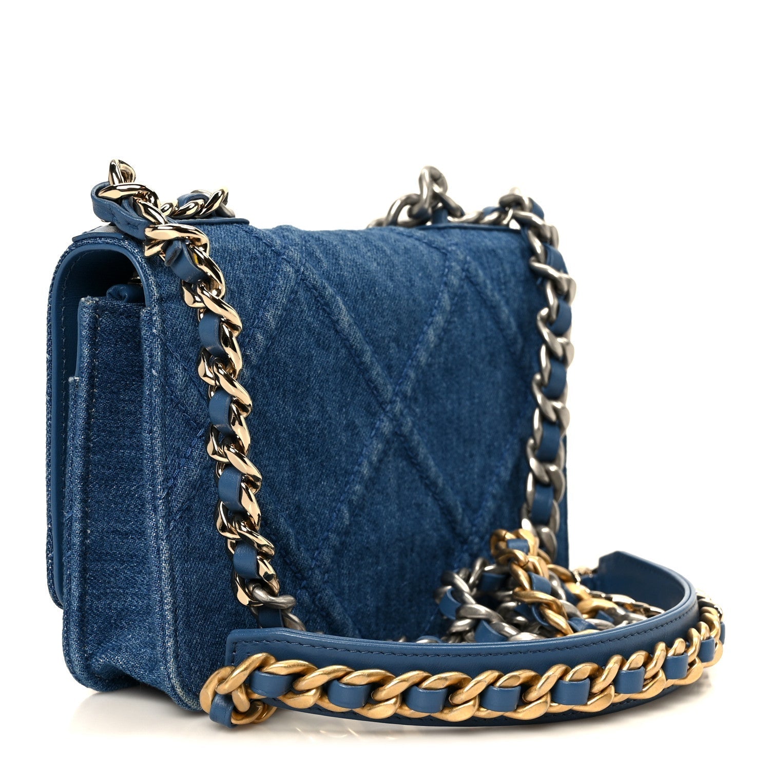 Denim Quilted CHNL 19 Wallet On Chain WOC Blue