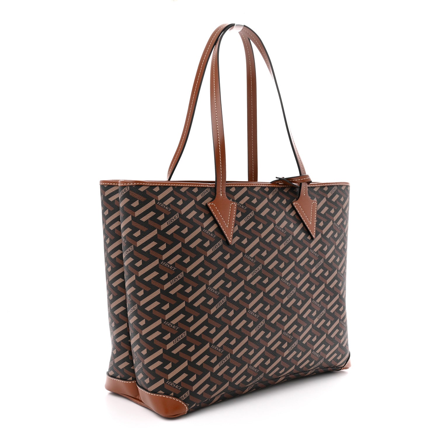 Coated Canvas Calfskin La Greca Signature Shopper Tote Bag Black Caramel