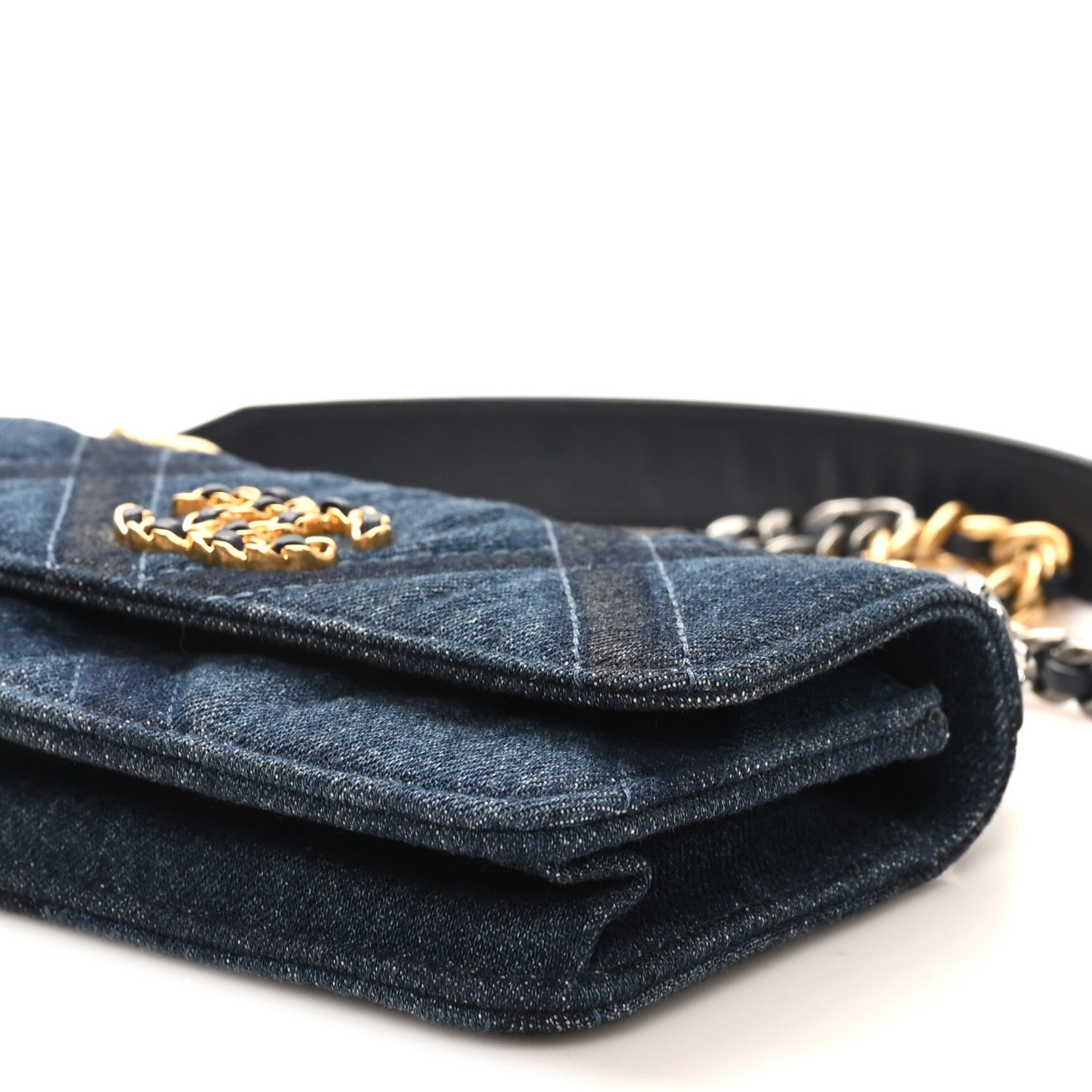 Denim Quilted CHNL 19 Flap Phone Holder With Chain Blue