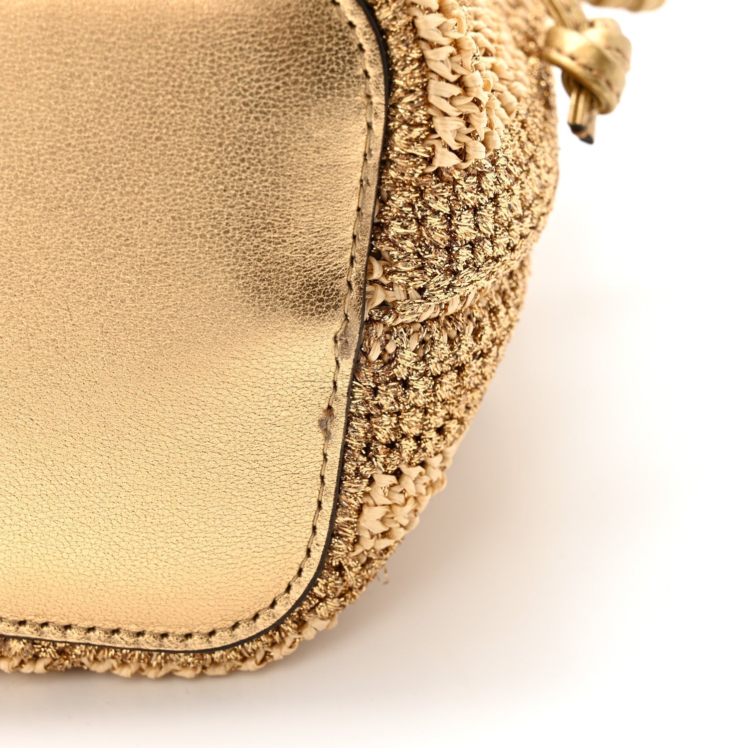 Raffia Lurex Vitello Laminato F is FNDI FF Crochet Mini Mon Tresor Bucket Bag Natural Oro