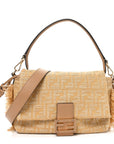 Fabric Jacquard Raffia Straw Fringe Medium Mamma Baguette Beige