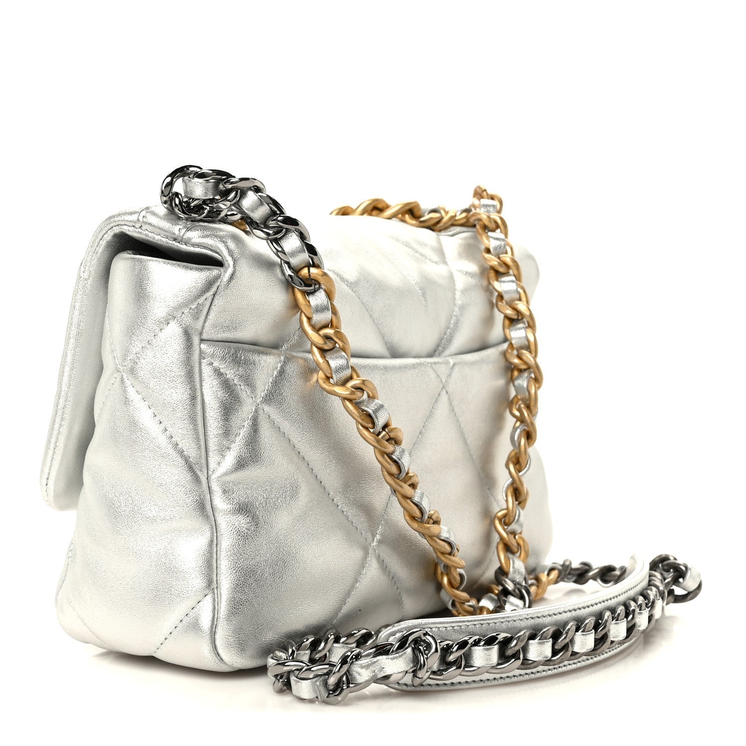 Metallic Lambskin Quilted Medium CHNL 19 Flap Silver