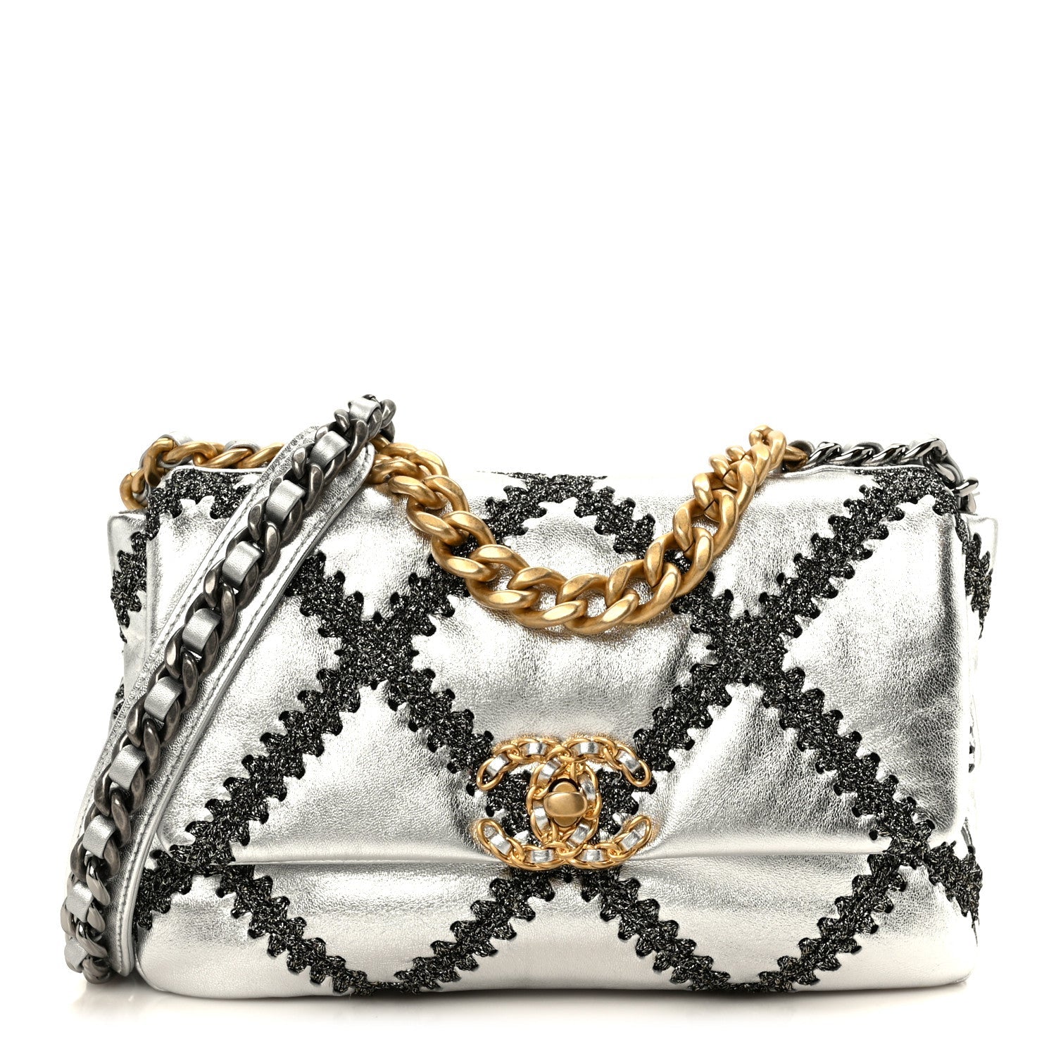 Metallic Calfskin Crochet Medium CHNL 19 Flap Silver