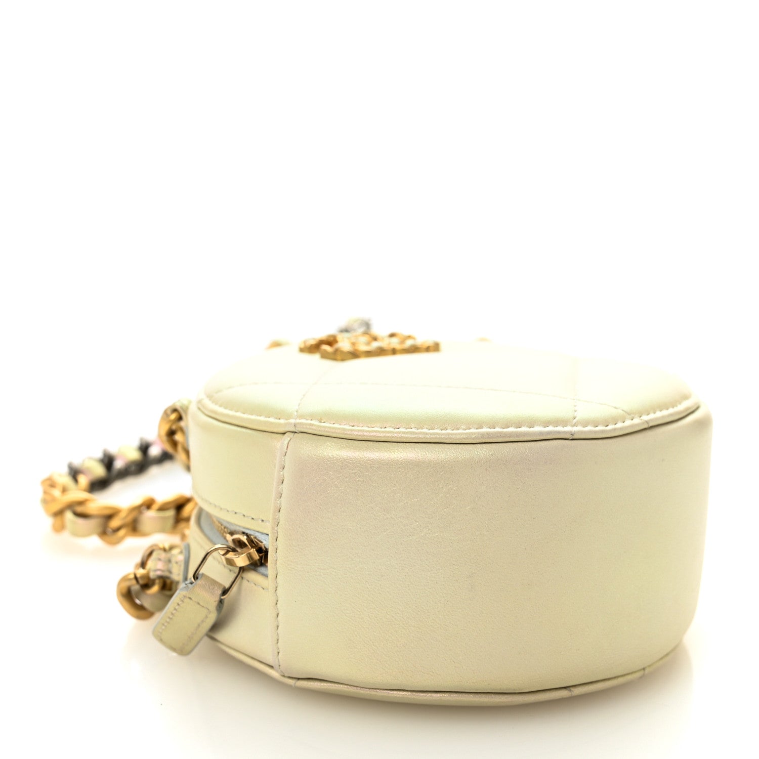 Iridescent Calfskin Quilted CHNL 19 Round Clutch With Chain White