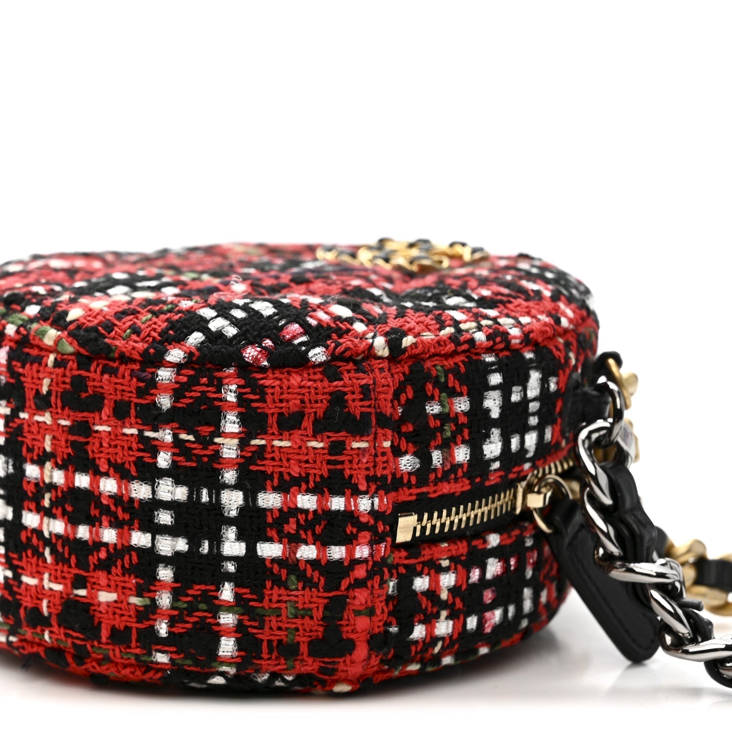 Tweed Quilted CHNL 19 Round Clutch With Chain  Red Black White Green