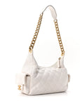 Shiny Lambskin Quilted Trendy Pockets Hobo White