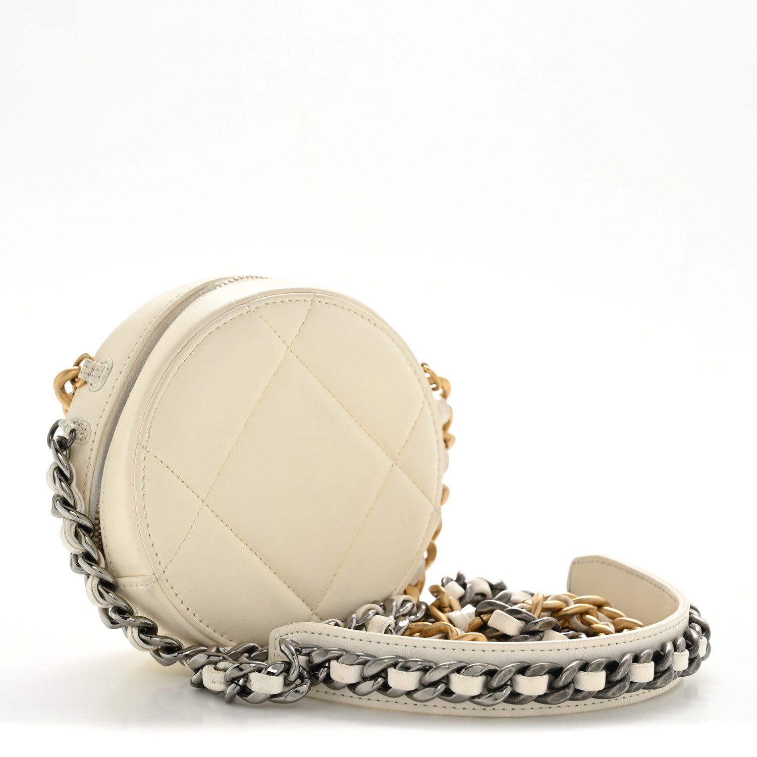 Lambskin Quilted CHNL 19 Round Clutch With Chain White