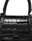 Shiny Calfskin Monochrome Crocodile Embossed Small Hourglass Top Handle Bag Black