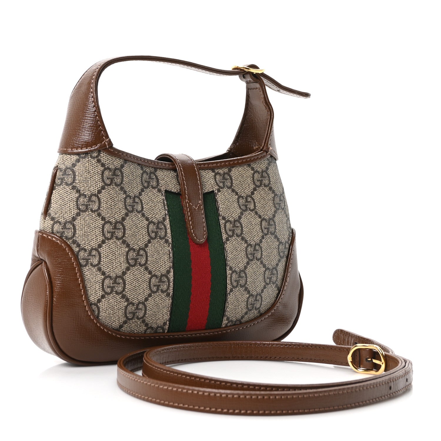 GG Supreme Monogram Azalea Calfskin Web Mini Jackie 1961 Hobo Beige Ebony Brown Sugar