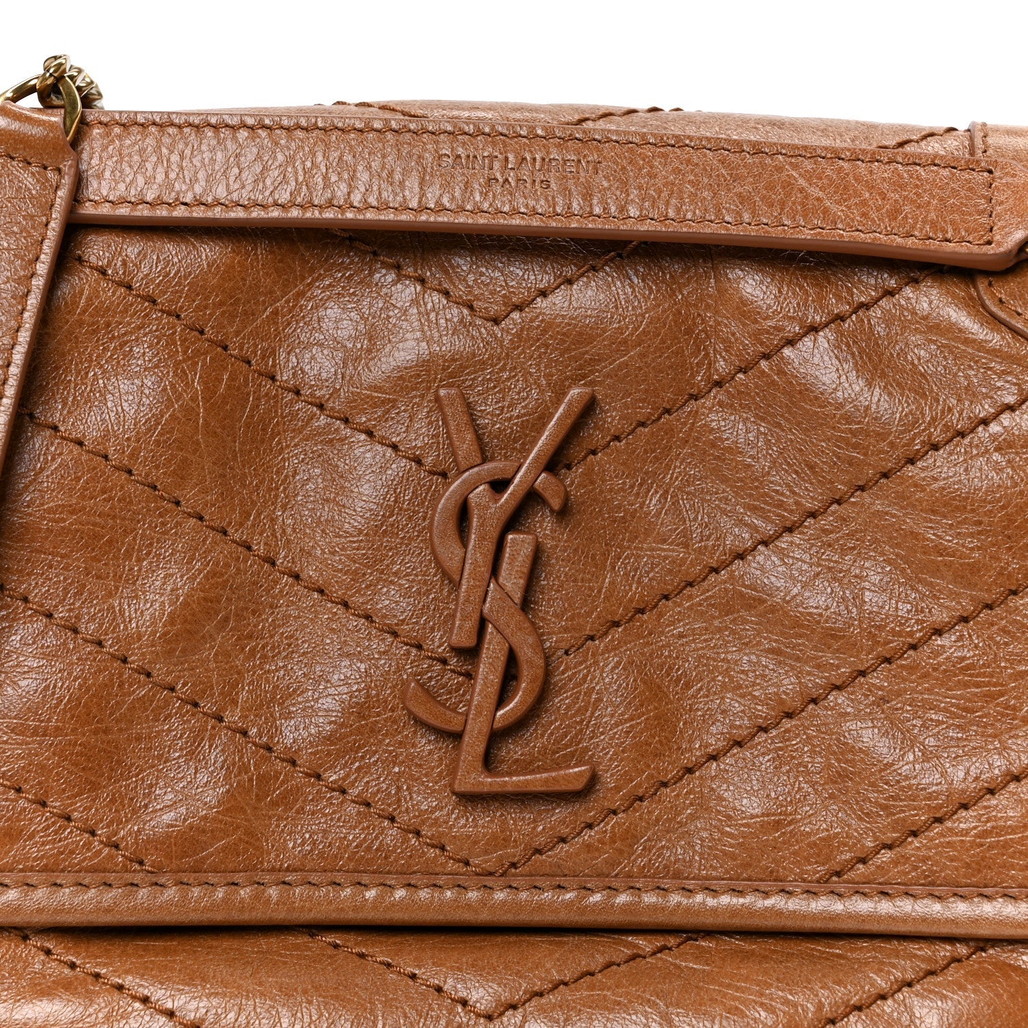 Crinkled Calfskin Matelasse Monogram Baby Niki Chain Satchel Light Caramel