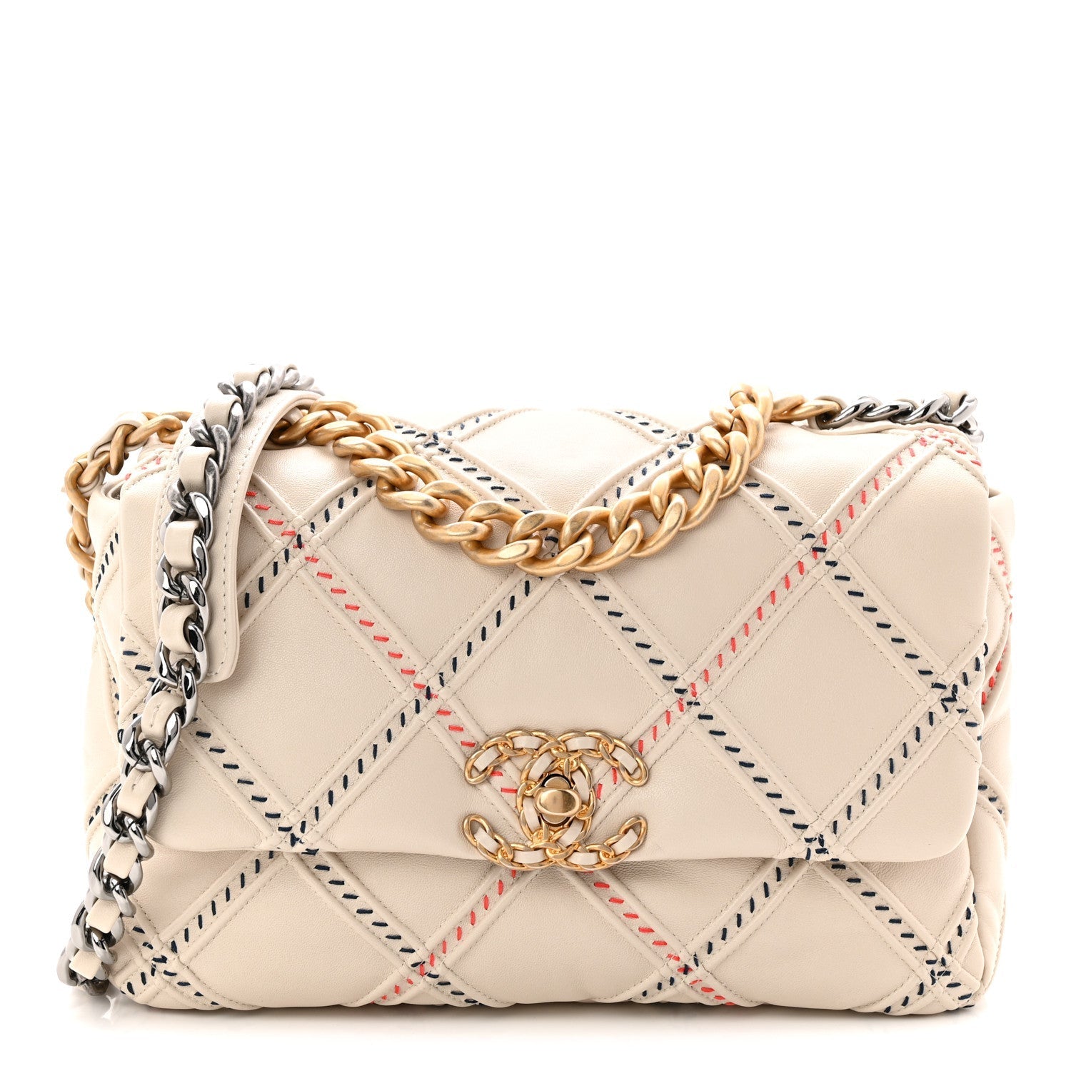 Lambskin Mixed Fibers Quilted Medium CHNL 19 Flap Beige