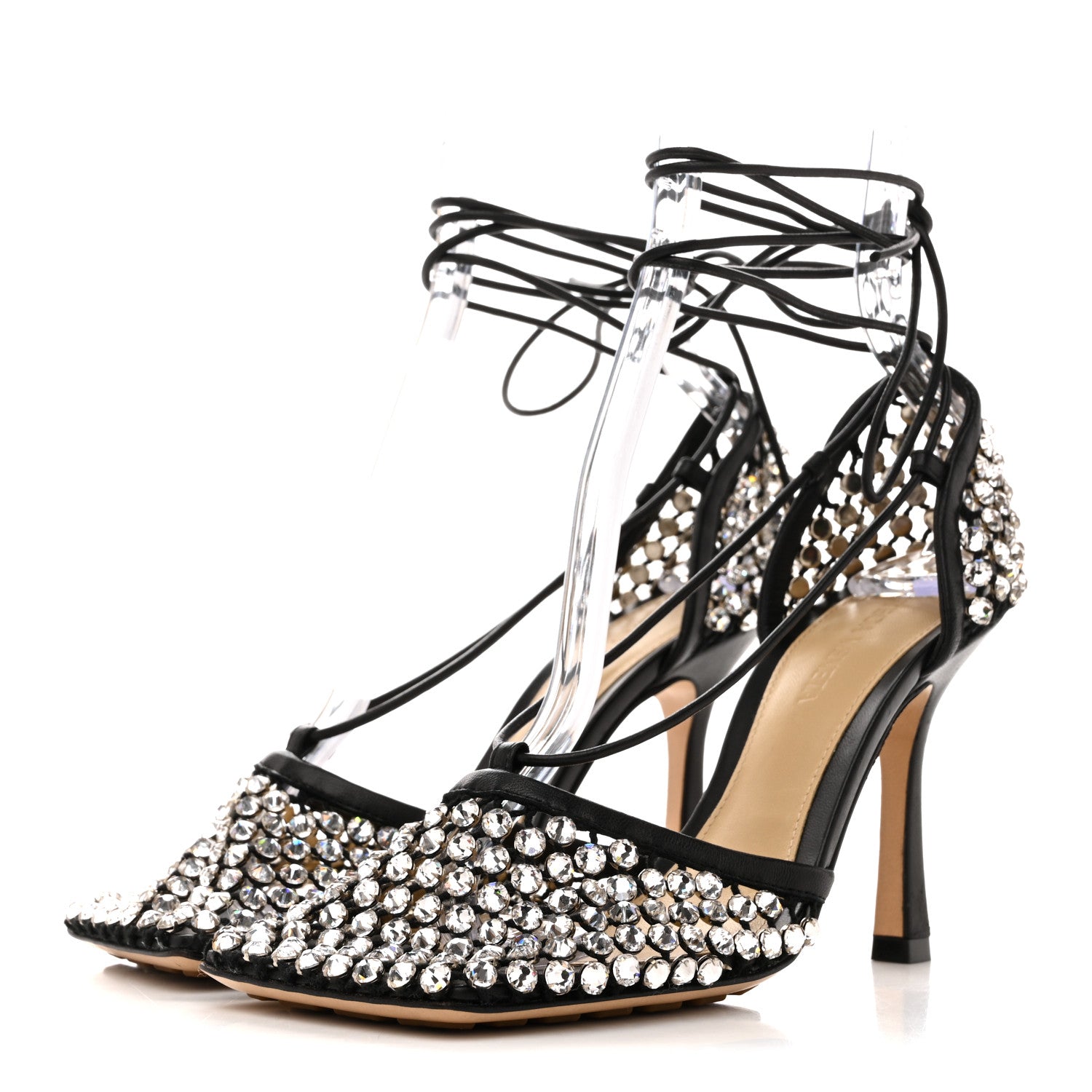 Mesh Nappa Crystal Embellished Sparkle Stretch Ankle Tie Sandals 36.5 Black